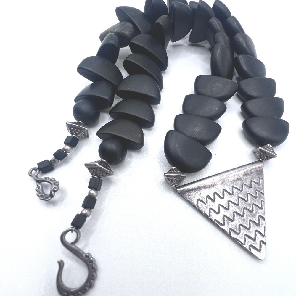 Vintage Sterling Silver‎ 925 Black Glass Necklace Ethnic Tribal Artisan Made 19"